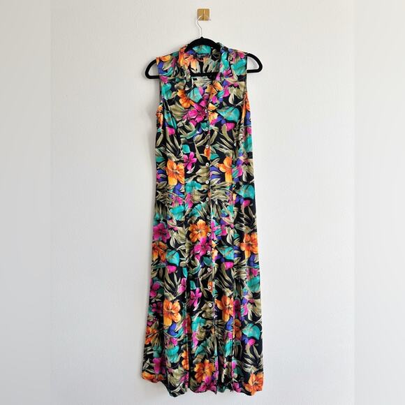 Vintage 90s Twyla Blu Tropical Floral Button-Down Midi Dress – 100% Rayon Size L - Picture 1 of 9